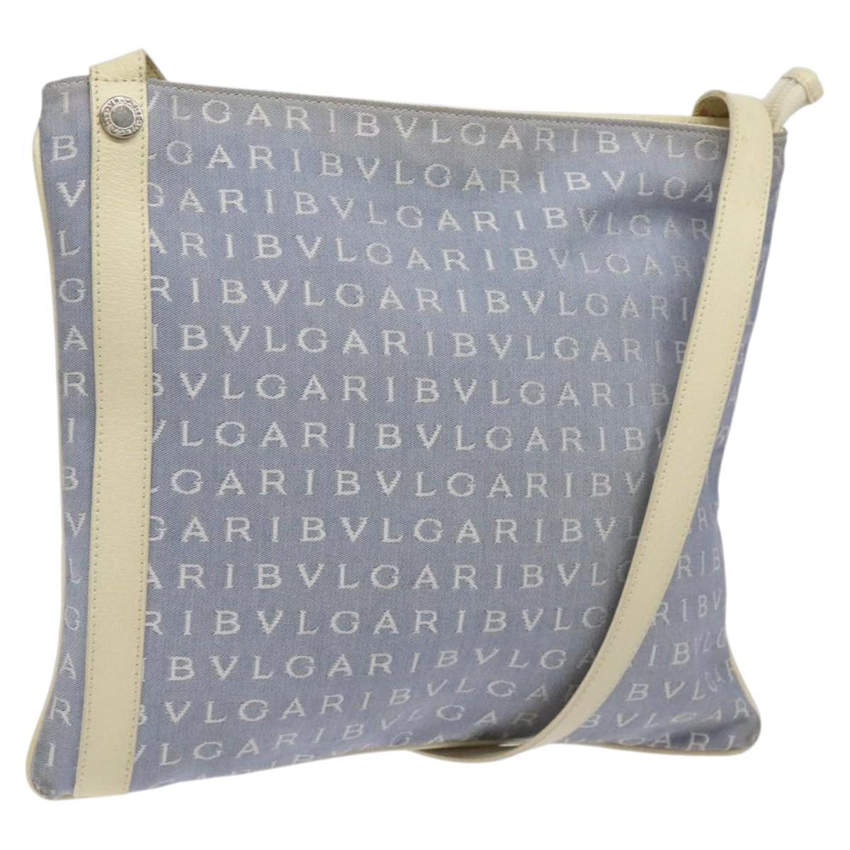 Bvlgari Logo Mania Shoulder Bag Nylon Light Blue Silver Auth Ba1566